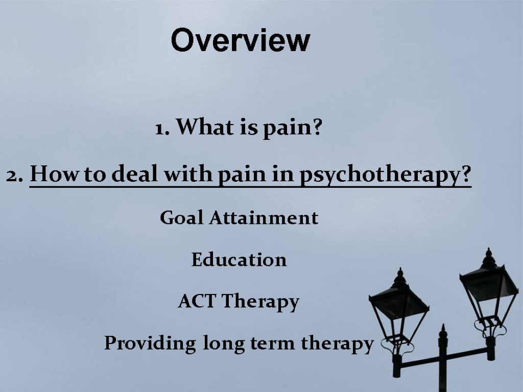 Overview 1. What is pain? 2. How to deal with pain in psychotherapy? Goal